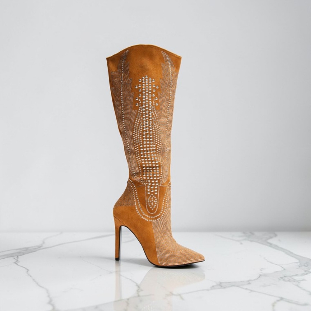Knee-High Stiletto Boots in Tan Suede